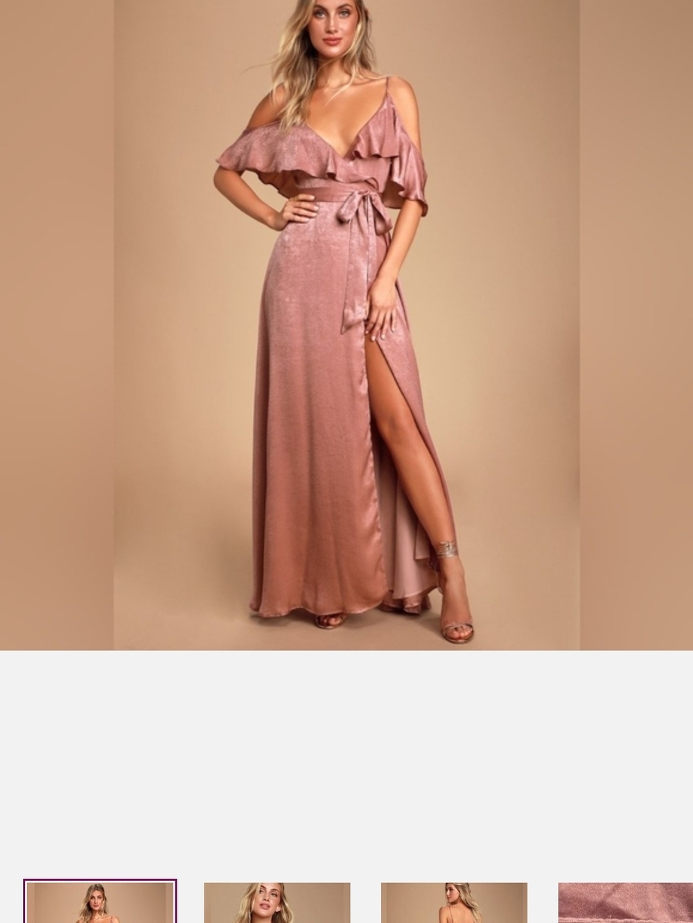 Lulu's Off-Shoulder Ruffle Satin Maxi Dress in Rose